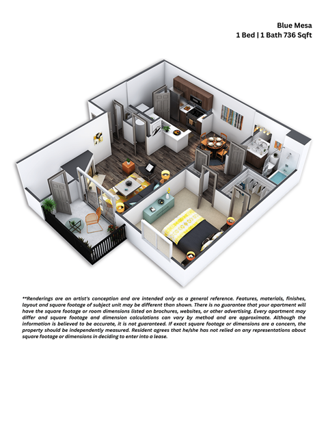 Floor plan for 1 bed, 1 bath, 736 sqft